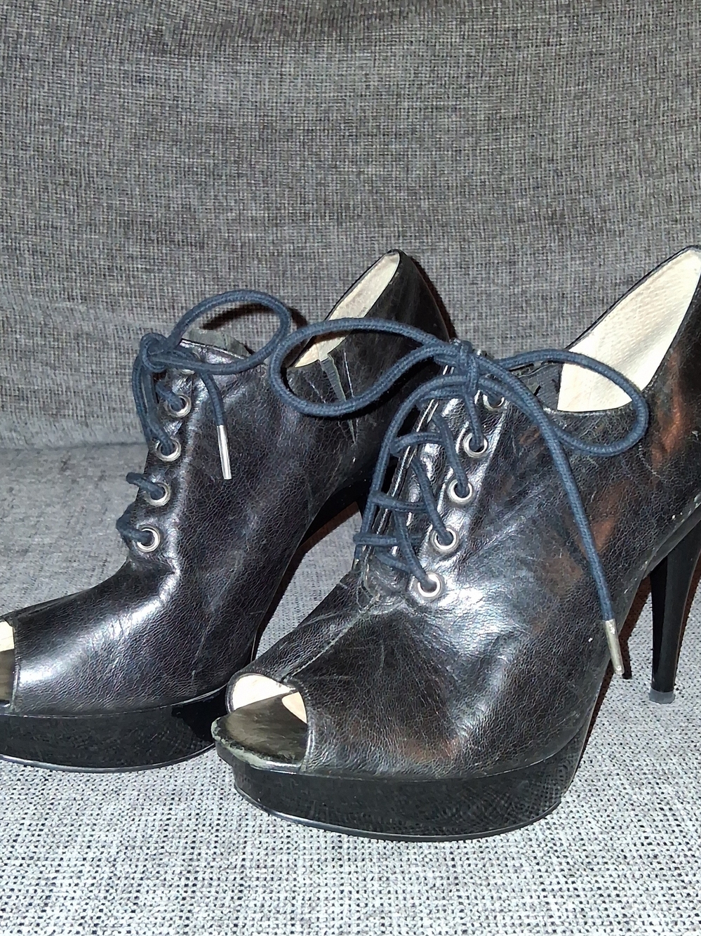 Michael Kors Black Lace-Up Peep Toe Leather High Heel Platform Booties